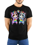 Cute Unicorn Cat Duo Rainbow Playtime Kawaii T-Shirt - model wearing black tee with hands behind back