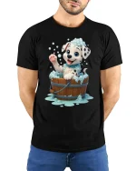 Cute Dalmatian Puppy Bubble Bath Fun Graphic T-Shirt - model wearing black tee with hands behind back
