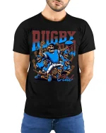 Skeleton Rugby Team Club Action Graphic Funny Sport T-Shirt - model wearing black tee with hands behind back