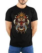 Majestic Sun Tiger Warrior Tribal Power Graphic T-Shirt - model wearing black tee with hands behind back