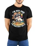 Funny Raccoon Vacation I’m Racc Onny Rave Relax Tee - model wearing black tee with hands behind back