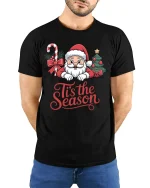 Cute Santa Tis the Season Christmas Cheer Graphic T-Shirt - model wearing black tee with hands behind back