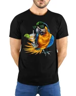 Cool Parrot Cocktail Vibes Tropical Party Graphic T-Shirt - model wearing black tee with hands behind back