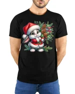 Cute Christmas Bunny Santa Outfit Holiday Joy T-Shirt - model wearing black tee with hands behind back