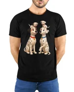 Cute Dalmatian Family Puppy Playtime Cartoon T-Shirt - model wearing black tee with hands behind back