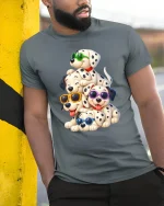 Cute Dalmatian Puppy Stack With Sunglasses Fun T-Shirt - model wearing grey tee, leaning on column