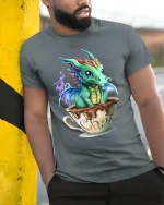 Cute Baby Dragon in Chai Cup Fantasy Magic Graphic T-Shirt - model wearing grey tee, leaning on column
