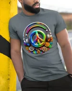 Colorful Peace Sign Headphones Music Vibes Graphic T-Shirt - model wearing grey tee, leaning on column
