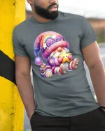 Cute Rainbow Gnome Star Hug Kawaii Magic Graphic T-Shirt - model wearing grey tee, leaning on column