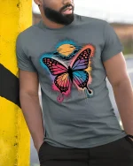 Colorful Butterfly Sunset Splash Artistic Graphic T-Shirt - model wearing grey tee, leaning on column