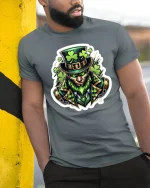 Fierce Leprechaun Shamrock Warrior St Patrick Graphic T-Shirt - model wearing grey tee, leaning on column