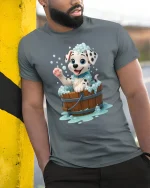 Cute Dalmatian Puppy Bubble Bath Fun Graphic T-Shirt - model wearing grey tee, leaning on column