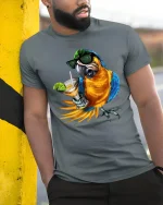Cool Parrot Cocktail Vibes Tropical Party Graphic T-Shirt - model wearing grey tee, leaning on column