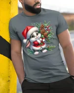 Cute Christmas Bunny Santa Outfit Holiday Joy T-Shirt - model wearing grey tee, leaning on column