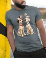 Cute Dalmatian Family Puppy Playtime Cartoon T-Shirt - model wearing grey tee, leaning on column