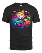 Rainbow Sleeping Cat Love Art Tee with Colorful Heart Design - black t-shirt on white background
