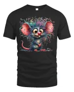 Whimsical Wild Hair Mouse Cartoon Art Tee with Colorful Style - black t-shirt on white background