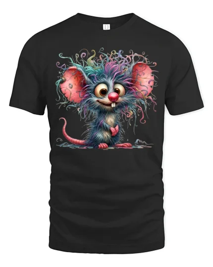 Whimsical Wild Hair Mouse Cartoon Art Tee with Colorful Style - black t-shirt on white background