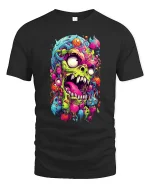Psychedelic Monster Madness Tee with Neon Horror Art Design - black t-shirt on white background