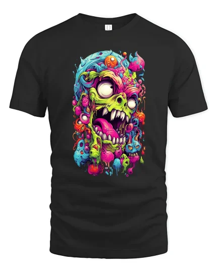 Psychedelic Monster Madness Tee with Neon Horror Art Design - black t-shirt on white background