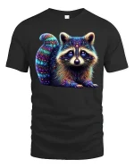 Neon Cosmic Raccoon Tee Adorable Vibrant Glow Art Design - black t-shirt on white background