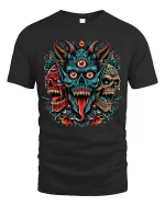 Three Eyed Demon Skull Tee Fierce Tribal Horror Artwork - black t-shirt on white background