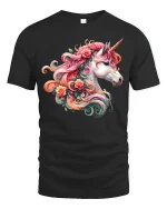 Floral Unicorn Beauty Tee Colorful Fantasy Horse Art Design - black t-shirt on white background