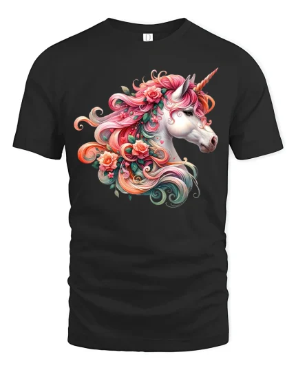 Floral Unicorn Beauty Tee Colorful Fantasy Horse Art Design - black t-shirt on white background