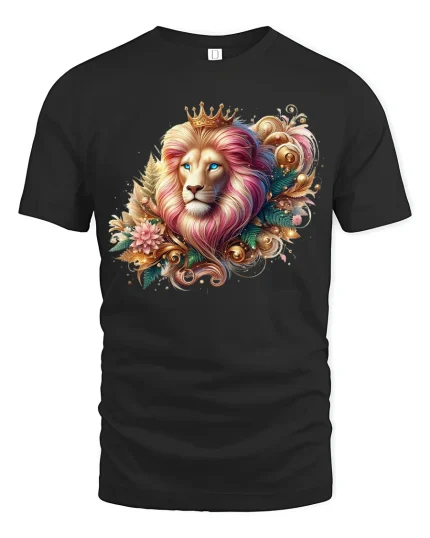 Royal Floral Lion Tee Majestic King Artwork with Elegant Colors - black t-shirt on white background