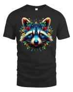 Colorful Floral Raccoon Art Tee with Vibrant Nature Design - black t-shirt on white background