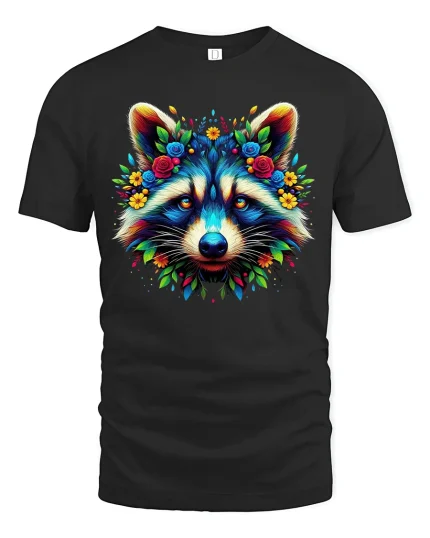 Colorful Floral Raccoon Art Tee with Vibrant Nature Design - black t-shirt on white background