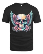 Pastel Winged Skull Tee Gothic Floral Colorful Art Style - black t-shirt on white background