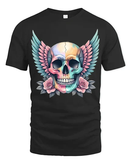 Pastel Winged Skull Tee Gothic Floral Colorful Art Style - black t-shirt on white background