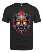 Fiery Demon Mask Tribal Inferno Art Graphic T-Shirt - black t-shirt on white background