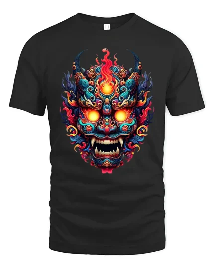 Fiery Demon Mask Tribal Inferno Art Graphic T-Shirt - black t-shirt on white background