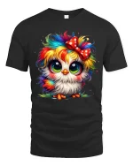 Cute Rainbow Owl Big Eyes Bow Colorful Art Graphic T-Shirt - black t-shirt on white background