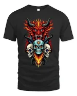 Inferno Demon and Three Skulls Fiery Dark Art Graphic T-Shirt - black t-shirt on white background