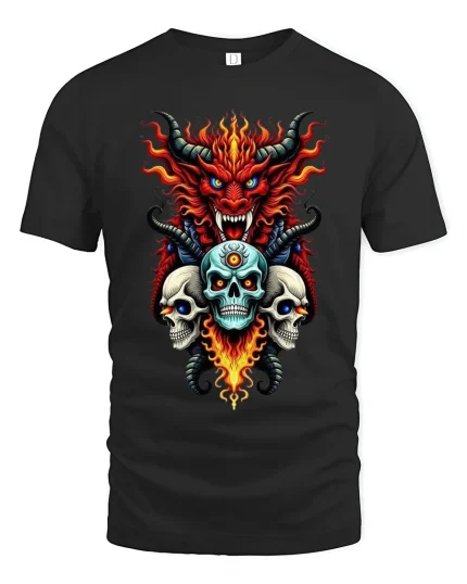 Inferno Demon and Three Skulls Fiery Dark Art Graphic T-Shirt - black t-shirt on white background