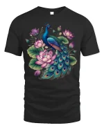 Elegant Peacock and Lotus Flower Beauty Art Graphic T-Shirt - black t-shirt on white background