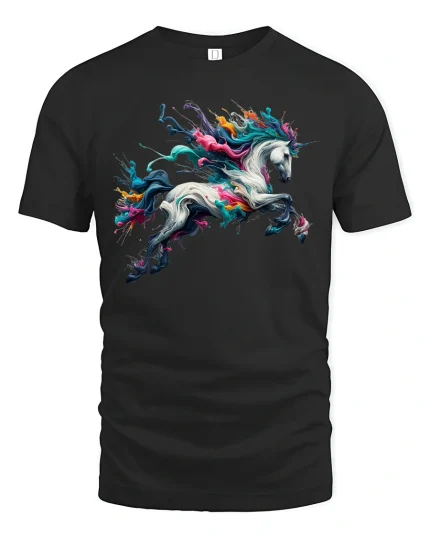 Vibrant Splash Art Unicorn Fantasy Graphic Tee - black t-shirt on white background