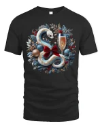 Elegant Holiday Snake Wreath Champagne Celebration Tee - black t-shirt on white background