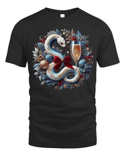 Elegant Holiday Snake Wreath Champagne Celebration Tee - black t-shirt on white background