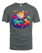 Rainbow Sleeping Cat Love Art Tee with Colorful Heart Design - gray t-shirt on white background