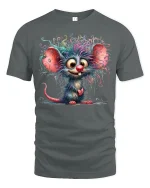 Whimsical Wild Hair Mouse Cartoon Art Tee with Colorful Style - gray t-shirt on white background