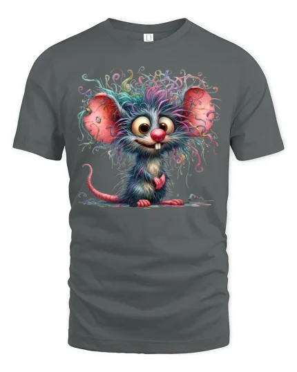Whimsical Wild Hair Mouse Cartoon Art Tee with Colorful Style - gray t-shirt on white background
