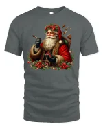 Vintage Santa Holiday Tee with Classic Christmas Artwork - gray t-shirt on white background