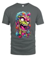 Psychedelic Monster Madness Tee with Neon Horror Art Design - gray t-shirt on white background