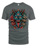 Three Eyed Demon Skull Tee Fierce Tribal Horror Artwork - gray t-shirt on white background