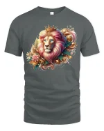 Royal Floral Lion Tee Majestic King Artwork with Elegant Colors - gray t-shirt on white background