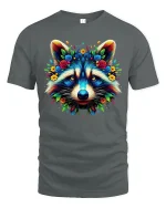 Colorful Floral Raccoon Art Tee with Vibrant Nature Design - gray t-shirt on white background